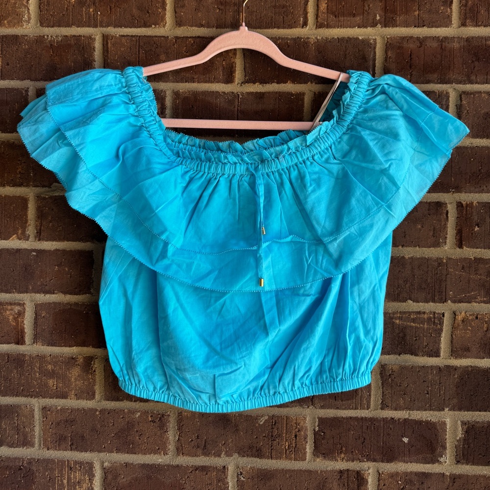 NWT TRINA TURK Off-Shoulder Turquoise Ruffle Crop Top Size Medium